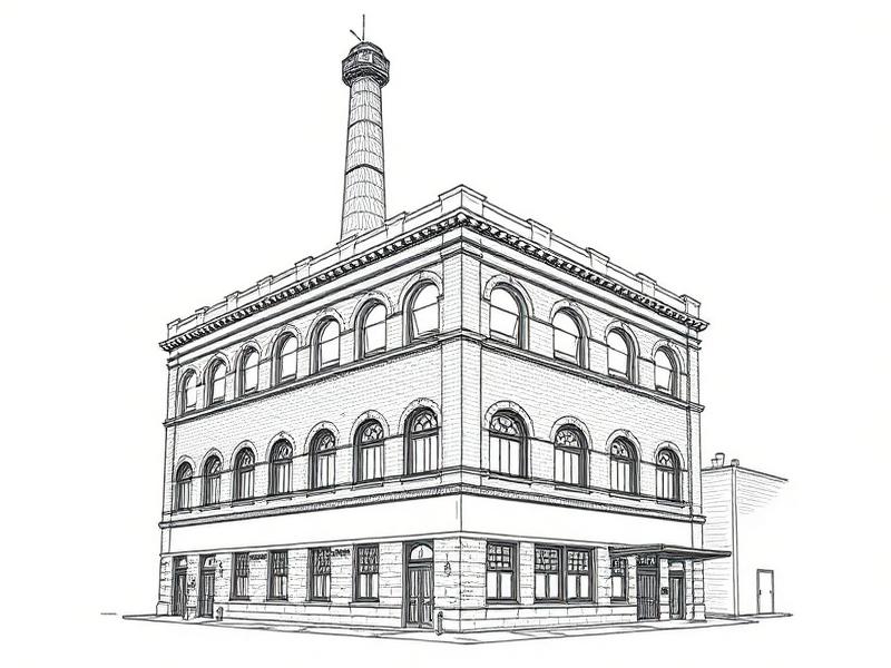 Ink sketch of a Bushwick brewery masonry building