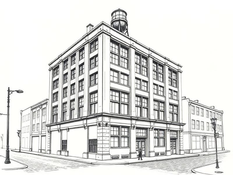 Ink sketch of a DUMBO concrete daylight factory
